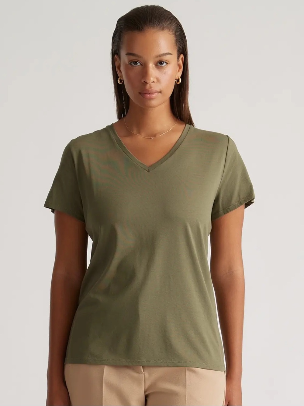 Quince Cotton Modal V-Neck Tee - Olive Green